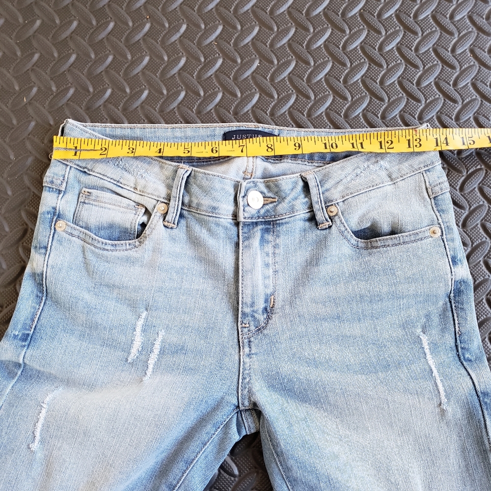 JUST USA Light Blue Distressed Flared Leg High Rise Jeans Size 3 Junior. - Picture 11 of 15
